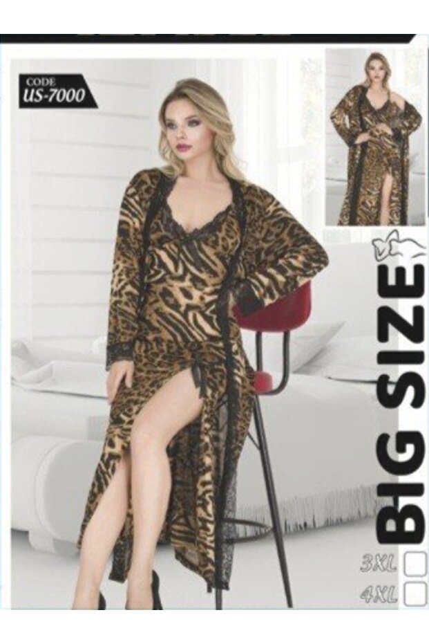 طقم روب طويل من الدانتيل بنقشة الفهد - 1