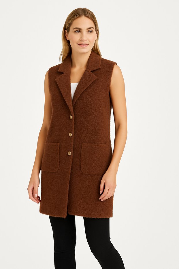 Women Beard Yarn Long Knitwear Vest with Pockets and Buttons 25023