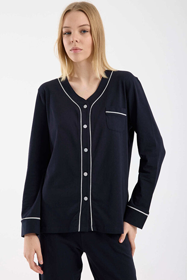 طقم بيجامة بأزرار تفاصيل أسطوانية - أزرق داكن - 4