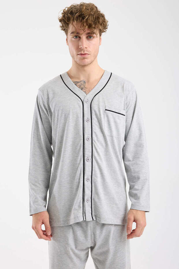طقم بيجامة بأزرار وياقة على شكل V - رمادي - 4