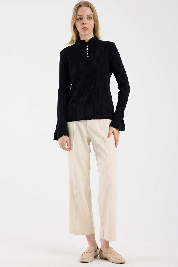 Corded Fabric Knitwear Sweater with Piece Detail - Black
