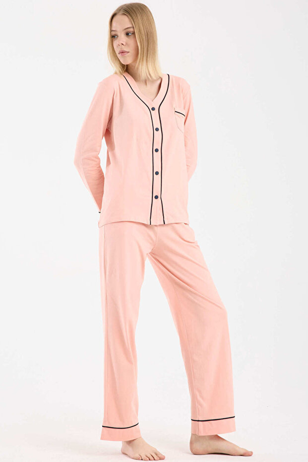 طقم بيجامة بأزرار تفاصيل أسطوانية - سلمون - 3