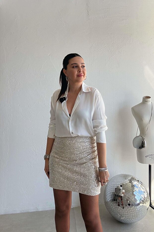 Bej Drapeli Payet Etek - 2