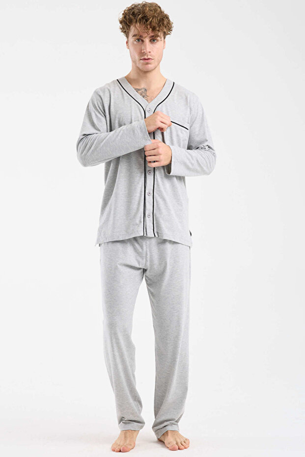 طقم بيجامة بأزرار وياقة على شكل V - رمادي - 2