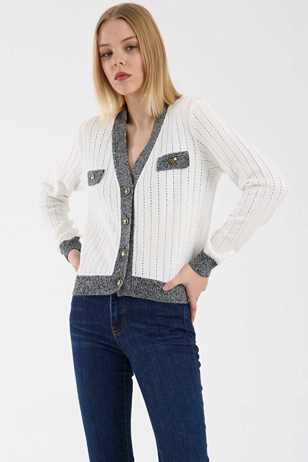 Contrast Striped Knitwear Cardigan - Bone