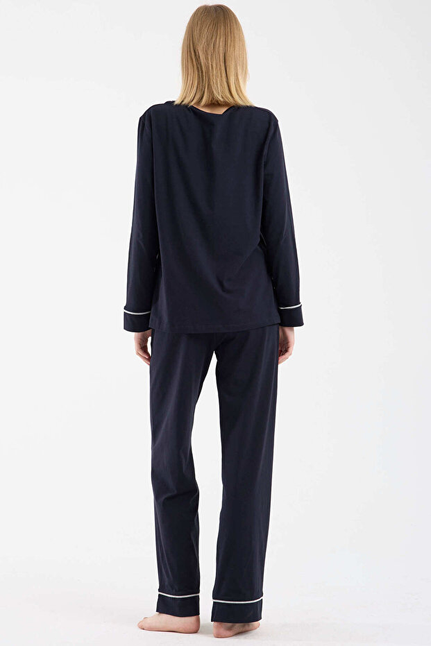 طقم بيجامة بأزرار تفاصيل أسطوانية - أزرق داكن - 5