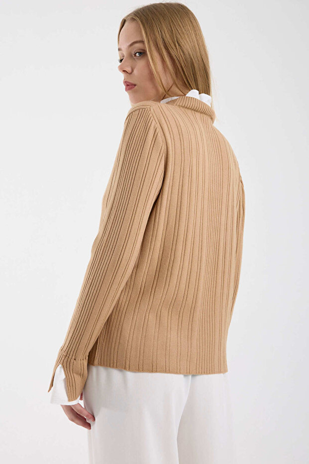 Parça Detaylı Fitilli Triko Kazak - Kamel - 5