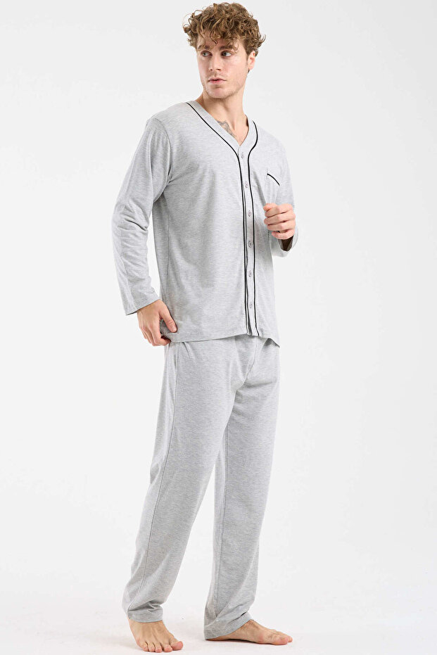 طقم بيجامة بأزرار وياقة على شكل V - رمادي - 3