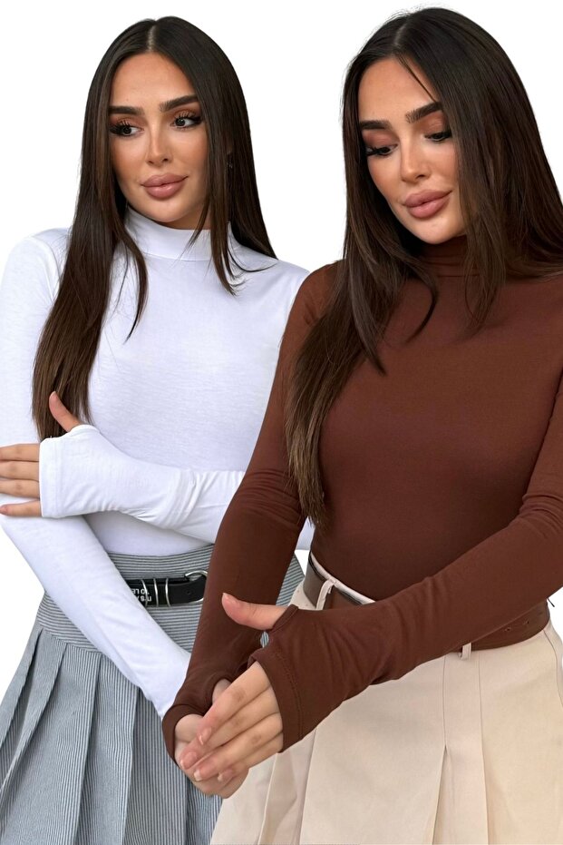 Women's White Brown Finger Detail Turtleneck Bodysuit 2-Piece Set
