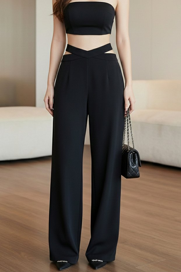 Women's High Waist Belt Detailed Wide Leg Pants Palazzo Pants