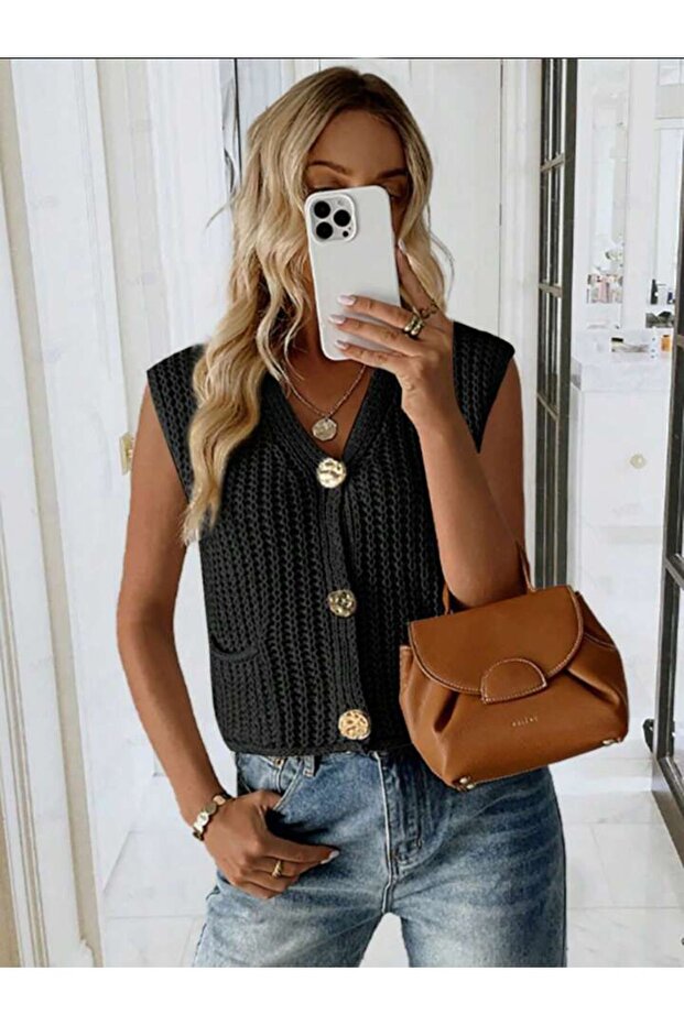 Women'S, Rib Knit V-Neck Buttoned Cardigan, Vest