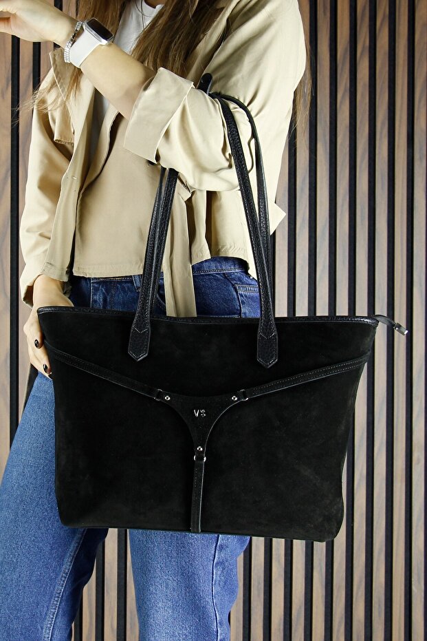 Black Genuine Cowhide Suede Large Size Daily Shoulder Bag with Zippered Three Interior Pockets