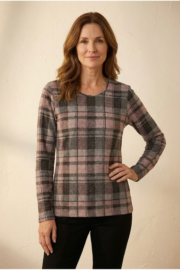 Women's Plus Size Stretch Fabric Crew Neck Plaid Soft Sweater Mom Blouse