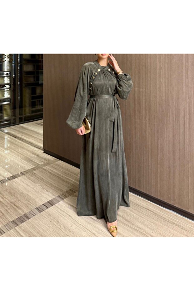 İpek Cupra Gold Düğmeli Elbise - 1