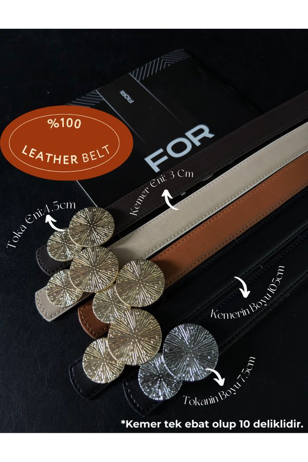 4-Piece Genuine Curved Round Gold Buckle Women's Belt, Trouser Belt, Coat Belt, Dress Belt