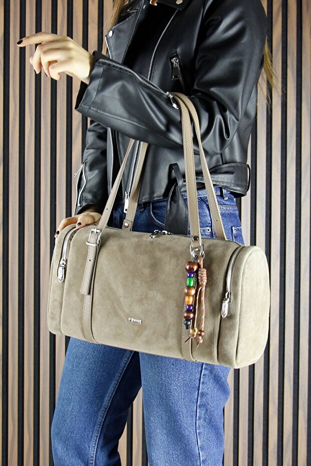 Kum Genuine Cowhide Suede Zippered Three-Compartment Daily Large Shoulder Bag with Bead Accessories