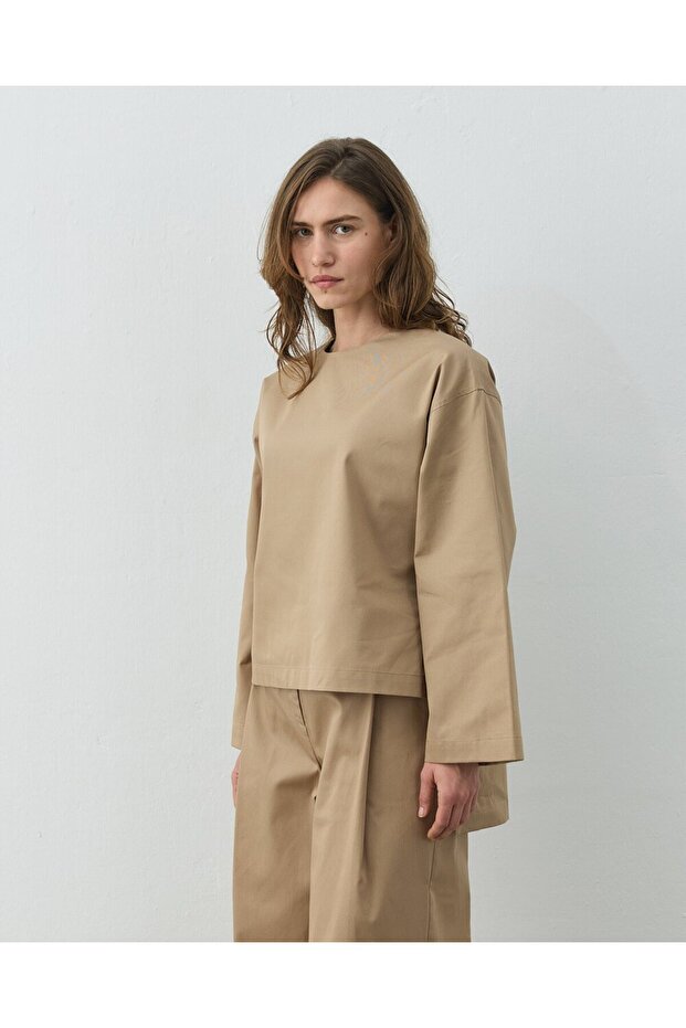 Paper Gabardin Yırtmaçlı Basic Bluz Camel - 4