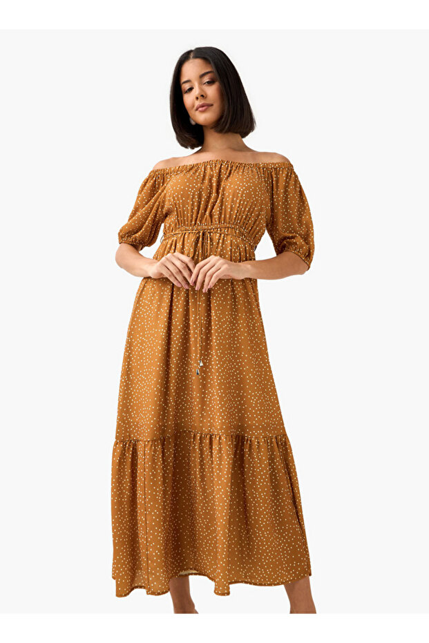 Polka Dot Print Off Shoulder Women Dress with Tie-Ups