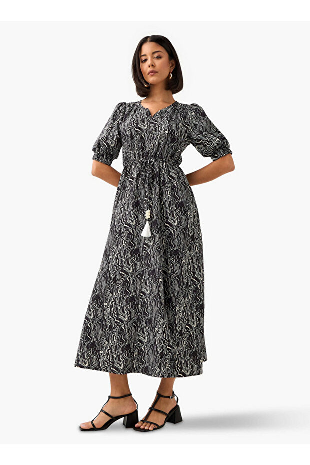 Abstract Print Off Shoulder Women Dress with Tie-Ups