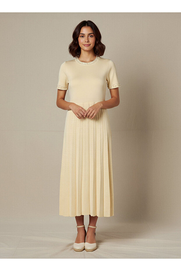 Pleated Midi Dress with Pearl Embellishment