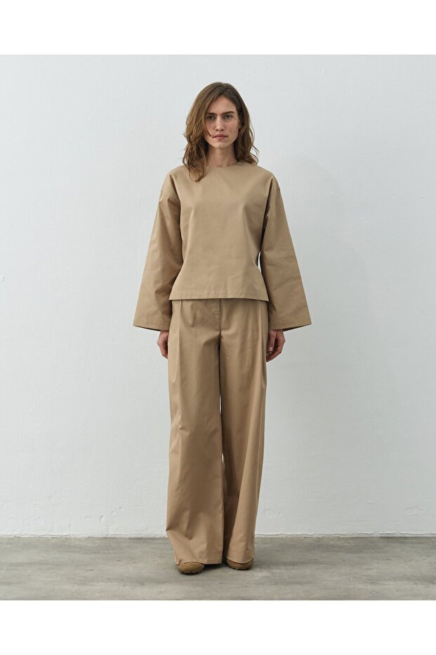 Paper Gabardin Yırtmaçlı Basic Bluz Camel - 3