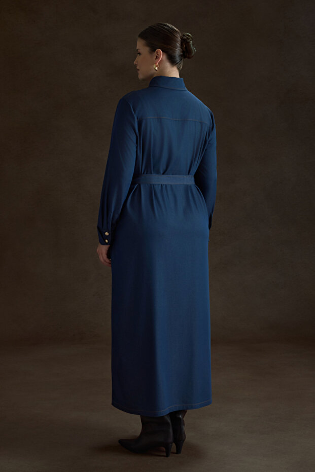 İndigo Denim Görünümlü Viscon Elbise - 5