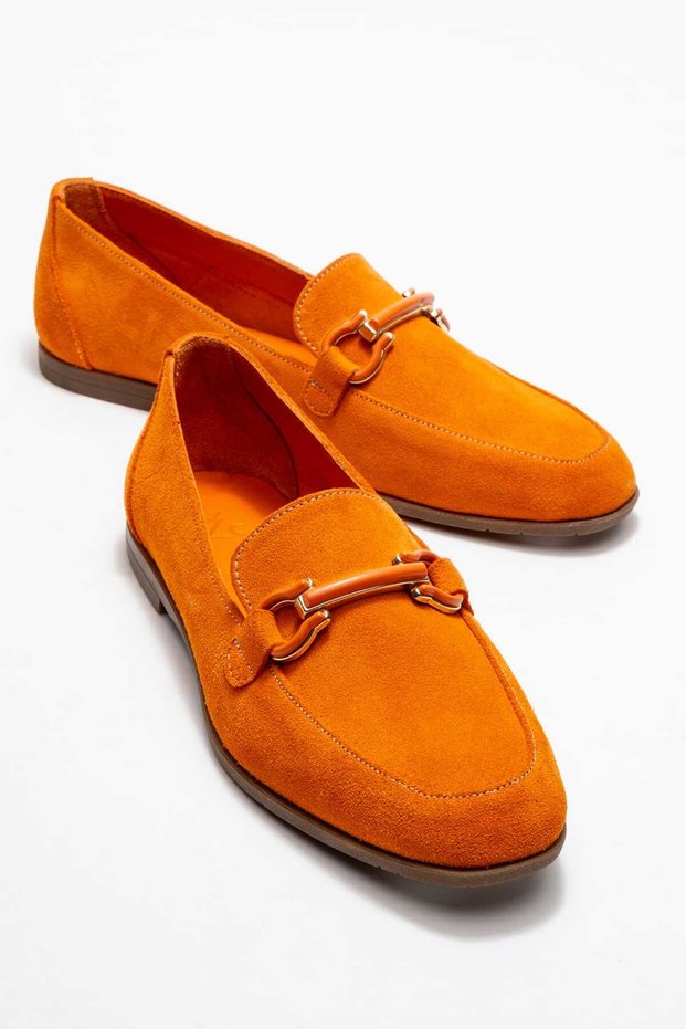Women's Genuine Leather Loafers Buckle Detail Casual Shoes Orange Suede Livia