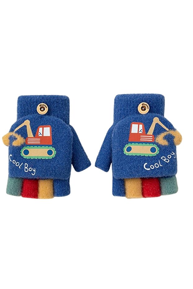 Knitted Excavator Construction Blue Finger Covering Warm Gloves
