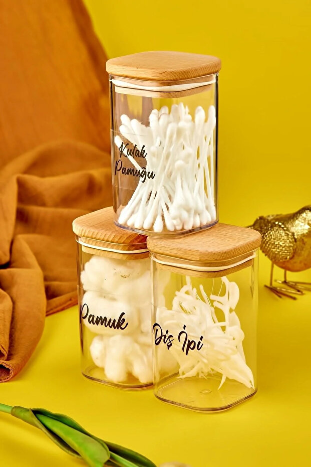 3-Piece Wooden Covered Mica Ear Cotton & Dental Floss & Cotton Organizer