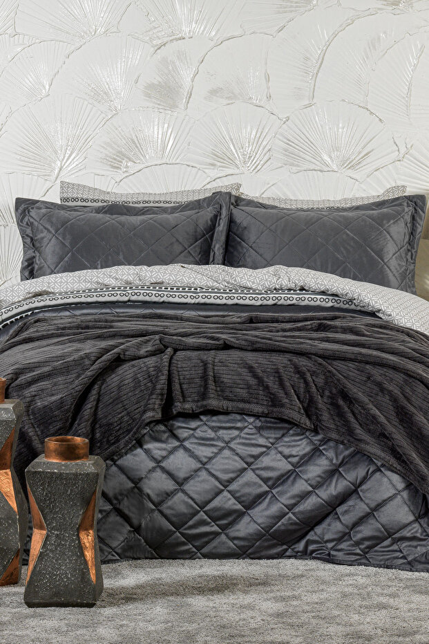 Alice Combination Set Bedspread Duvet Cover Set Blanket Dowry Set (240X260 cm) Anthracite