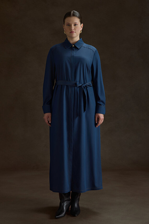 İndigo Denim Görünümlü Viscon Elbise - 2