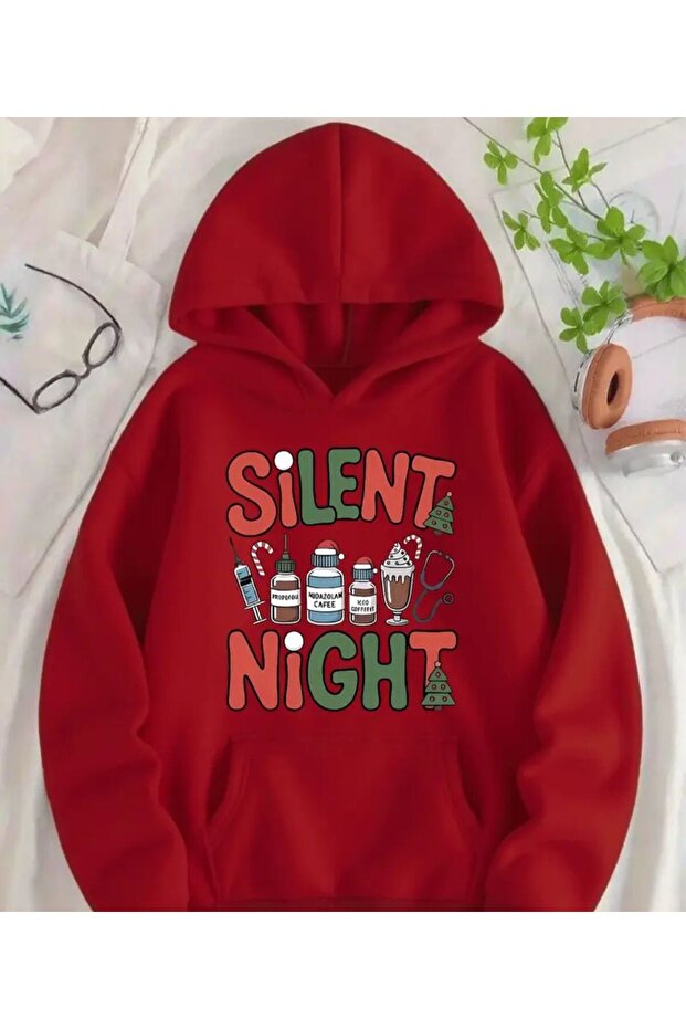 Silent Nigt Print Detailed Hooded Sweatshirt