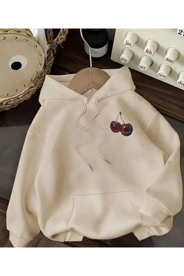Hooded Sweatshirt with Chest Cherry Print Detail