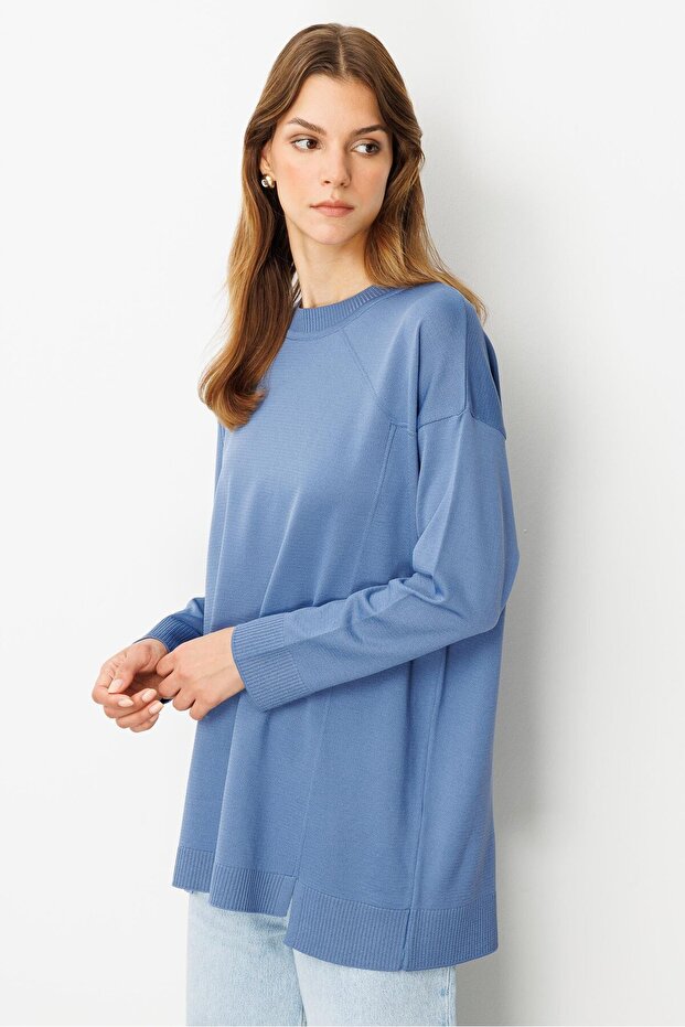 Yuvarlak Yaka Basic Triko-İNDİGO - 5