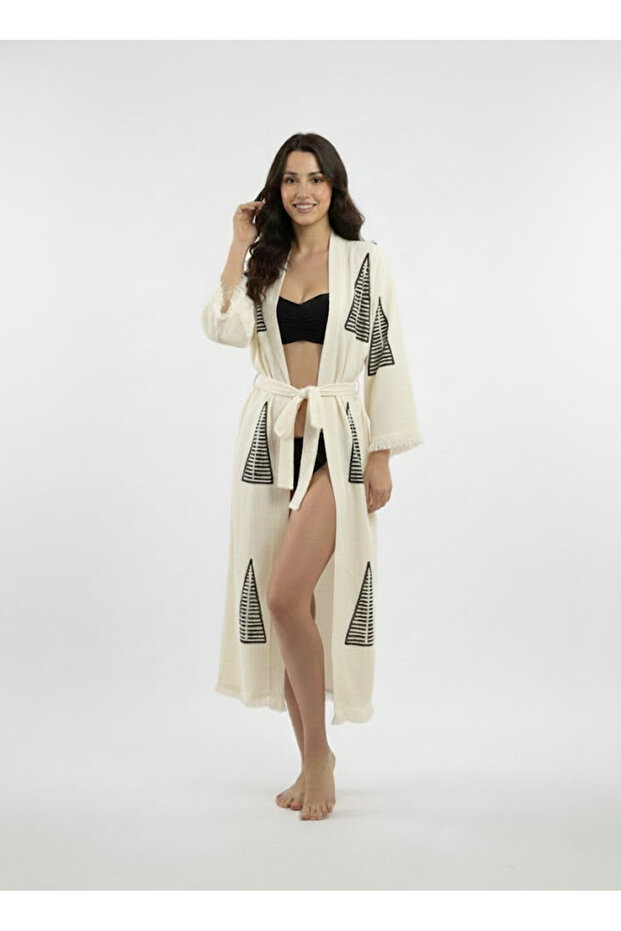 Kimono Kaftan Black Pyramid Patterned Stone Print 1 Piece Bohemian Bathrobe Unisex Muslin Fabric