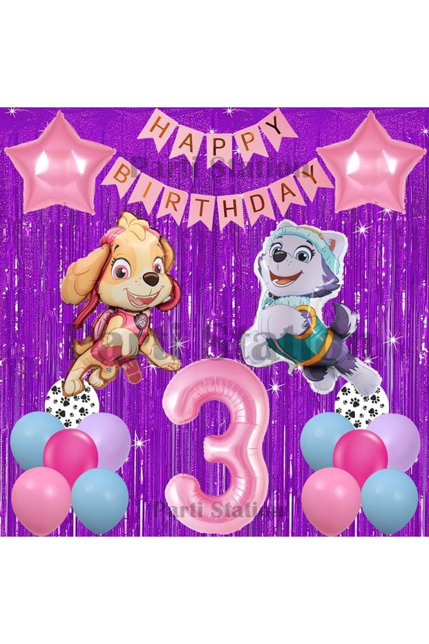 Paw Patrol Skye and Everest Concept 3Rd Birthday Purple Tassel Party Balloon Set