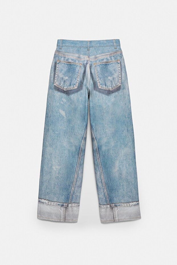 Bol paça baskılı kot pantolon - 5