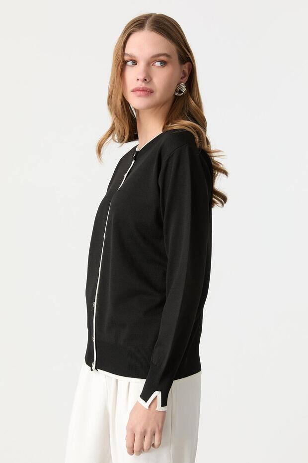 Düğmeli Basic Triko Hırka-SİYAH/KEMİK - 4