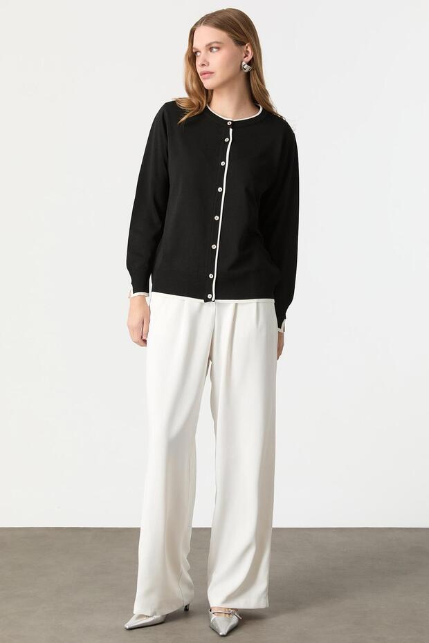 Düğmeli Basic Triko Hırka-SİYAH/KEMİK - 3