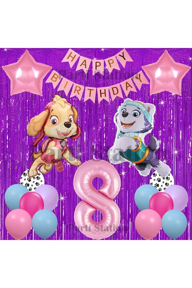 Paw Patrol Skye and Everest Concept 8Th Birthday Purple Tassel Party Balloon Set