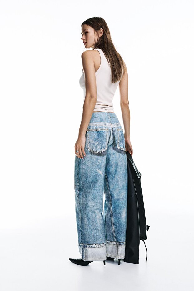 Bol paça baskılı kot pantolon - 2