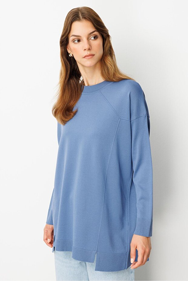 Yuvarlak Yaka Basic Triko-İNDİGO - 4