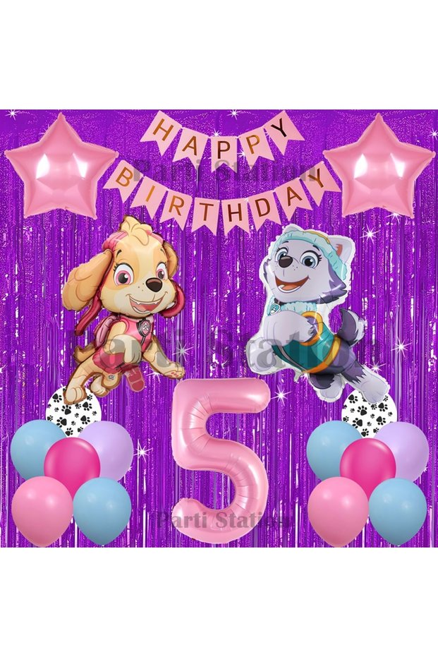Paw Patrol Skye and Everest Concept 5 Year Old Birthday Purple Tassel Party Balloon Set
