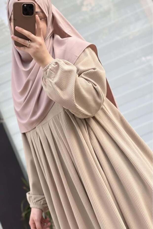 Kadife Elbise - Bej - 1