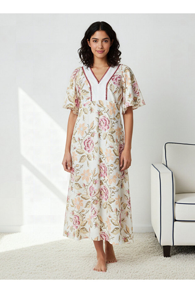 Night Gown with Flutter Sleeves Floral Print Cotton