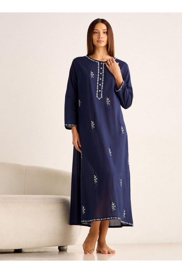 Night Gown Long Sleeves Floral Embroidery Cotton