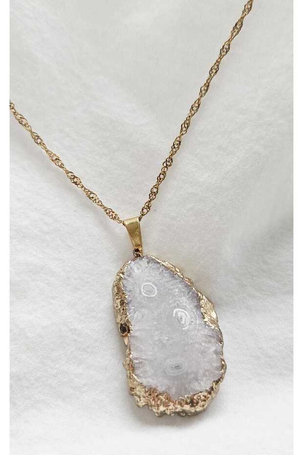Stainless Steel Chain White Druzzy Agate Natural Stone Necklace-Gold