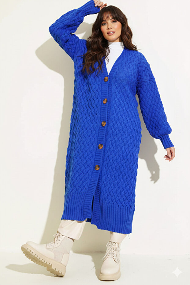 Knitted Patterned Long Knitwear Cardigan R4201 Cobalt Blue