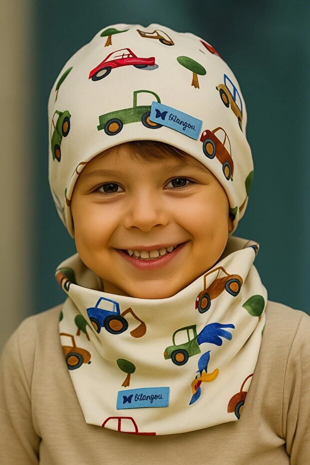0-2 Years Old Vehicle and Tree Patterned 100% Cotton Combed Children's Beanie and Neck Collar Set Double-Sided Use