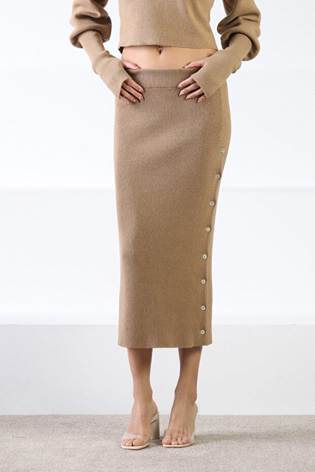 Camel Buttoned Cashmere Pencil Women's Knitwear Skirt